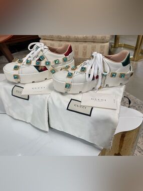 Gucci Calfskin Bee AcePlatform Sneakers with removable crystals 35.5 MSRP $2200